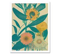 Artery8 Wall Art Print Marigold Daisy Flowers Turquoise Leaves Bright Colourful Abstract Art Framed in White | Size: W12" x H16" Artery8 White W12" x H16"