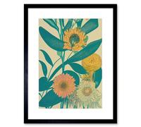 Artery8 Wall Art Print Marigold Daisy Flowers Turquoise Leaves Bright Colourful Abstract Artwork Framed 9X7 Inch in Black | Size: W7" x H9" Artery8 Black W7" x H9"