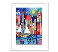 Artery8 Wall Art Print Marina At Night Colourful Folk Art Watercolour Painting Artwork Framed 9X7 Inch in White | Size: W7" x H9" Artery8 White W7" x H9"