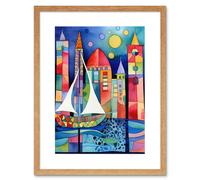 Artery8 Wall Art Print Marina At Night Colourful Folk Art Watercolour Painting Artwork Framed 9X7 Inch in Beige | Size: W7" x H9" Artery8 Beige W7" x H9"
