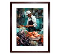 Artery8 Wall Art Print Market Fishmonger Selling Fresh Catch Seafood Artwork Framed 9X7 Inch in Brown | Size: W7" x H9" Artery8 Brown W7" x H9"