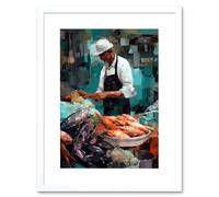 Artery8 Wall Art Print Market Fishmonger Selling Fresh Catch Seafood Artwork Framed 9X7 Inch in White | Size: W7" x H9" Artery8 White W7" x H9"