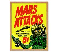 Artery8 Wall Art Print Mars Attacks Space Adventure Bubble Gum Bright Advert Alien Monster UFO Saucer Art Framed in Light Oak | Size: W12" x H16" Artery8 Light Oak W12" x H16"