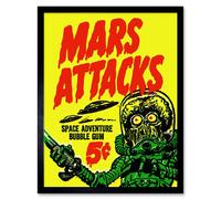 Artery8 Wall Art Print Mars Attacks Space Adventure Bubble Gum Bright Advert Alien Monster UFO Saucer Art Framed in Yellow | Size: W12" x H16" Artery8 Yellow W12" x H16"