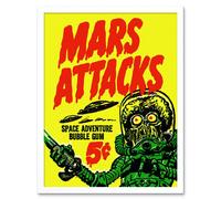 Artery8 Wall Art Print Mars Attacks Space Adventure Bubble Gum Bright Advert Alien Monster UFO Saucer Art Framed in White | Size: W12" x H16" Artery8 White W12" x H16"