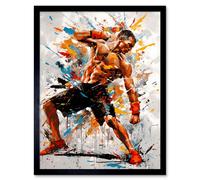 Artery8 Wall Art Print Martial Arts Kickboxer Athlete Splat Paint Art Framed in Black | Size: W12" x H16" Artery8 Black W12" x H16"