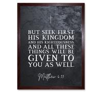 Artery8 Wall Art Print Matthew 6:33 See First His Kingdom & Righteousness Christian Bible Verse Quote Scripture Typography Art Framed Artery8 Brown W12" x H16"