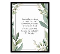 Artery8 Framed Wall Art Matthew 6:34 Live In The Moment Jesus Bible Quote Green - 12X16 Inch