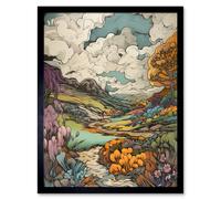 Artery8 Wall Art Print Meadow River Multicoloured Landscape Art Framed in Black | Size: W12" x H16" Artery8 Black W12" x H16"