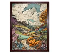 Artery8 Wall Art Print Meadow River Multicoloured Landscape Art Framed in Brown | Size: W12" x H16" Artery8 Brown W12" x H16"