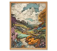Artery8 Wall Art Print Meadow River Multicoloured Landscape Art Framed in Light Oak | Size: W12" x H16" Artery8 Light Oak W12" x H16"