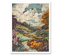 Artery8 Wall Art Print Meadow River Multicoloured Landscape Art Framed in White | Size: W12" x H16" Artery8 White W12" x H16"