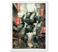 Wall Art Print Mecha Robot in City Street Anime Sci-Fi Artwork Red Green Giant Humanoid Machine Fantasy Science Fiction Artwork Framed A4 Artery8 White A4