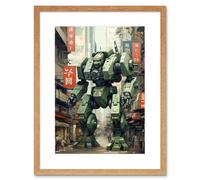 Artery8 Wall Art Print Mecha Robot in City Street Anime Sci-Fi Artwork Red Green Giant Humanoid Machine Fantasy Science Fiction Artwork Framed 9X7 Artery8 Beige W7" x H9"