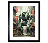 Artery8 Wall Art Print Mecha Robot in City Street Anime Sci-Fi Artwork Red Green Giant Humanoid Machine Fantasy Science Fiction Artwork Framed 9X7 Artery8 Black W7" x H9"