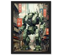 Wall Art Print Mecha Robot in City Street Anime Sci-Fi Artwork Red Green Giant Humanoid Machine Fantasy Science Fiction Artwork Framed A4 Artery8 Black A4