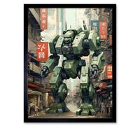 Artery8 Wall Art Print Mecha Robot in City Street Anime Sci-Fi Artwork Red Green Giant Humanoid Machine Fantasy Science Fiction Art Framed Artery8 Black W12" x H16"