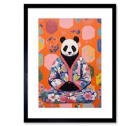 Artery8 Wall Art Print Meditating Panda Meditation Yogi in Floral Kimono Conceptual Art Vibrant Bold Colourful Acrylic Painting Artwork Framed 9X7 Artery8 Black W7" x H9"