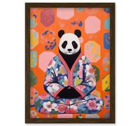 Artery8 Meditating Panda Meditation Yogi in Floral Kimono Conceptual Art Vibrant Bold Colourful Acrylic Painting Artwork Framed Wall Art Print A4