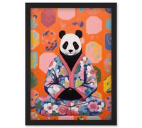 Artery8 Meditating Panda Meditation Yogi in Floral Kimono Conceptual Art Vibrant Bold Colourful Acrylic Painting Artwork Framed Wall Art Print A4