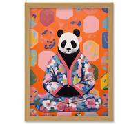 Wall Art Print Meditating Panda Meditation Yogi in Floral Kimono Conceptual Art Vibrant Bold Colourful Acrylic Painting Artwork Framed A4 Artery8 Light Oak A4