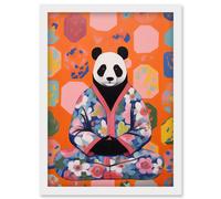 Wall Art Print Meditating Panda Meditation Yogi in Floral Kimono Conceptual Art Vibrant Bold Colourful Acrylic Painting Artwork Framed A4 Artery8 White A4