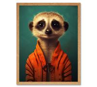 Artery8 Wall Art Print Meercat Portrait Orange Quilted Jacket on Teal Background Modern Artwork Art Framed in Light Oak | Size: W12" x H16" Artery8 Light Oak W12" x H16"