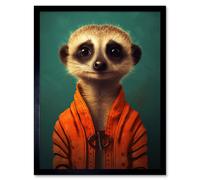 Artery8 Wall Art Print Meercat Portrait Orange Quilted Jacket on Teal Background Modern Artwork Art Framed in Black | Size: W12" x H16" Artery8 Black W12" x H16"