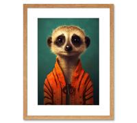 Artery8 Wall Art Print Meercat Portrait Orange Quilted Jacket on Teal Background Modern Artwork Framed 9X7 Inch in Beige | Size: W7" x H9" Artery8 Beige W7" x H9"
