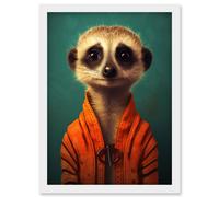 Artery8 Meercat Portrait Orange Quilted Jacket on Teal Background Modern Artwork Framed Wall Art Print A4
