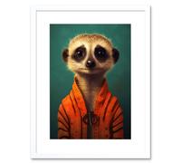 Artery8 Wall Art Print Meercat Portrait Orange Quilted Jacket on Teal Background Modern Artwork Framed 9X7 Inch in White | Size: W7" x H9" Artery8 White W7" x H9"