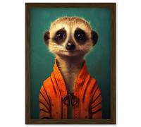 Artery8 Meercat Portrait Orange Quilted Jacket on Teal Background Modern Artwork Framed Wall Art Print A4