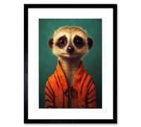 Artery8 Wall Art Print Meercat Portrait Orange Quilted Jacket on Teal Background Modern Artwork Framed 9X7 Inch in Black | Size: W7" x H9" Artery8 Black W7" x H9"