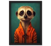Artery8 Wall Art Print Meercat Portrait Orange Quilted Jacket on Teal Background Modern Artwork Framed A4 in Black Artery8 Black A4