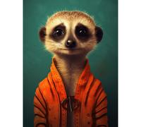 Artery8 Wall Art Print Meercat Portrait Orange Quilted Jacket on Teal Background Modern Artwork Poster | Size: W12" x H16" Artery8 Multicolor W12" x H16"
