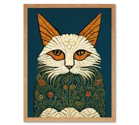 Artery8 Wall Art Print Melancholy Moggie Cat William Morris Style Teal Gold Art Framed in Light Oak | Size: W12" x H16" Artery8 Light Oak W12" x H16"