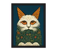 Artery8 Wall Art Print Melancholy Moggie Cat William Morris Style Teal Gold Large Framed Wall Décor Art in Brown | Size: W18" x H24" Artery8 Brown W18" x H24"