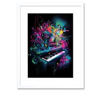 Artery8 Wall Art Print Melodic Explosion Piano Bursting in Vibrant Colours Modern Acrylic Paint Painting Artwork Framed 9X7 Inch | Size: W7" x H9" Artery8 White W7" x H9"