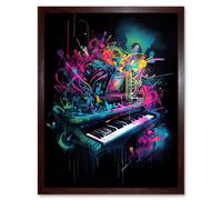Artery8 Wall Art Print Melodic Explosion Piano Bursting in Vibrant Colours Modern Acrylic Paint Painting Art Framed in Brown | Size: W12" x H16" Artery8 Brown W12" x H16"