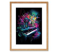 Artery8 Wall Art Print Melodic Explosion Piano Bursting in Vibrant Colours Modern Acrylic Paint Painting Artwork Framed 9X7 Inch | Size: W7" x H9" Artery8 Beige W7" x H9"