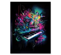 Artery8 Wall Art Print Melodic Explosion Piano Bursting in Vibrant Colours Modern Acrylic Paint Painting Art Framed in Black | Size: W12" x H16" Artery8 Black W12" x H16"