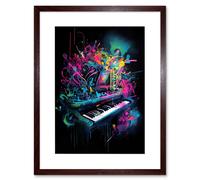 Artery8 Wall Art Print Melodic Explosion Piano Bursting in Vibrant Colours Modern Acrylic Paint Painting Artwork Framed 9X7 Inch | Size: W7" x H9" Artery8 Brown W7" x H9"