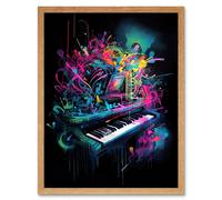 Artery8 Wall Art Print Melodic Explosion Piano Bursting in Vibrant Colours Modern Acrylic Paint Painting Art Framed in Light Oak | Size: W12" x H16" Artery8 Light Oak W12" x H16"