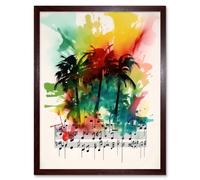Artery8 Wall Art Print Melodic Oasis Tropical Palm Tree Sonata Music Modern Splat Paint Watercolour Painting Art Framed in Brown | Size: W12" x H16" Artery8 Brown W12" x H16"