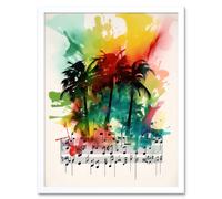 Artery8 Wall Art Print Melodic Oasis Tropical Palm Tree Sonata Music Modern Splat Paint Watercolour Painting Art Framed in White | Size: W12" x H16" Artery8 White W12" x H16"