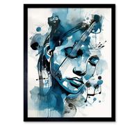 Artery8 Wall Art Print Melody Muse a Musician's Vision in Midnight Blue Modern Watercolour Painting Art Framed in Black | Size: W12" x H16" Artery8 Black W12" x H16"