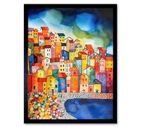 Artery8 Wall Art Print Menton France Seaside Town Folk Art Framed in Black | Size: W12" x H16" Artery8 Black W12" x H16"
