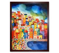 Artery8 Wall Art Print Menton France Seaside Town Folk Art Framed in Brown | Size: W12" x H16" Artery8 Brown W12" x H16"