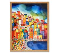 Artery8 Wall Art Print Menton France Seaside Town Folk Art Framed in Light Oak | Size: W12" x H16" Artery8 Light Oak W12" x H16"