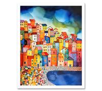 Artery8 Wall Art Print Menton France Seaside Town Folk Art Framed in White | Size: W12" x H16" Artery8 White W12" x H16"